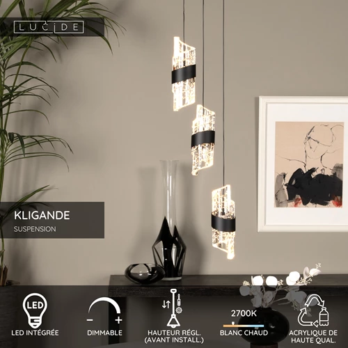 Lucide KLIGANDE - Suspension - Ø 25 cm - LED Dim. - 3x8W 2700K - Noir - USP